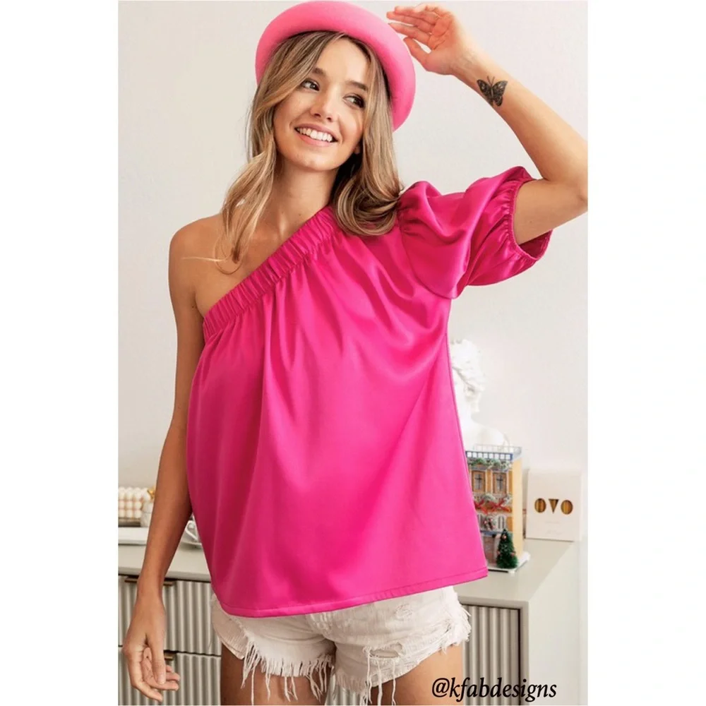 NEW! Fuchsia Soft Stretch Satin One Shoulder Top! - Picture 7 of 15